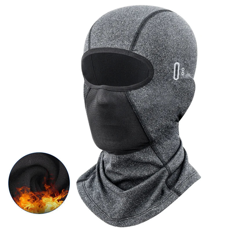 Gray multi-functional balaclava with a black eye shield and a flame graphic.