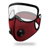 A red breathable cycling and outdoor face mask with a clear visor and black elastic straps.