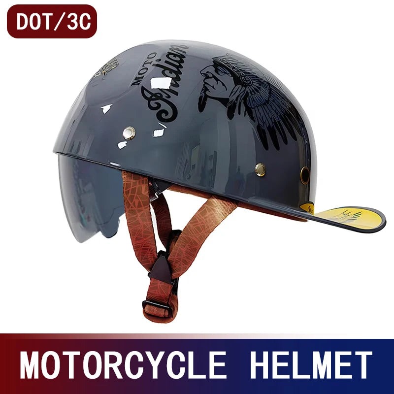 A dark gray motorcycle helmet with a leather strap and yellow visor