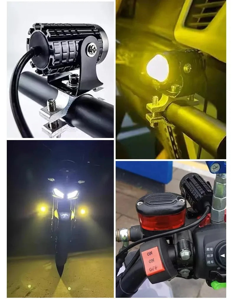 Close-up view of a universal dual-color LED motorcycle headlight assembly and mounting bracket.