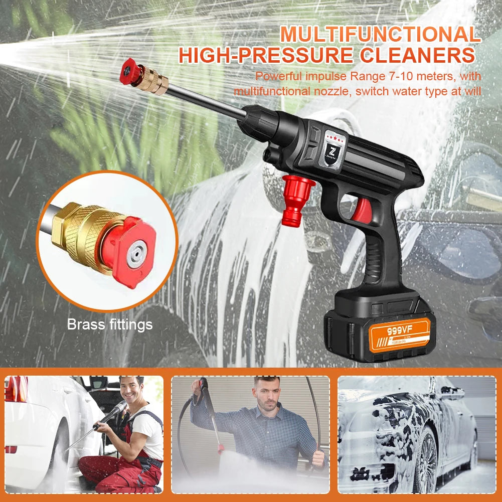 Schwarze Hochdruckreinigerpistole mit Messingfittings sprüht Wasser auf eine Autoschicht.