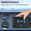 A hand is shown operating a black switch control device with a voltmeter display for a 4-port USB charger.
