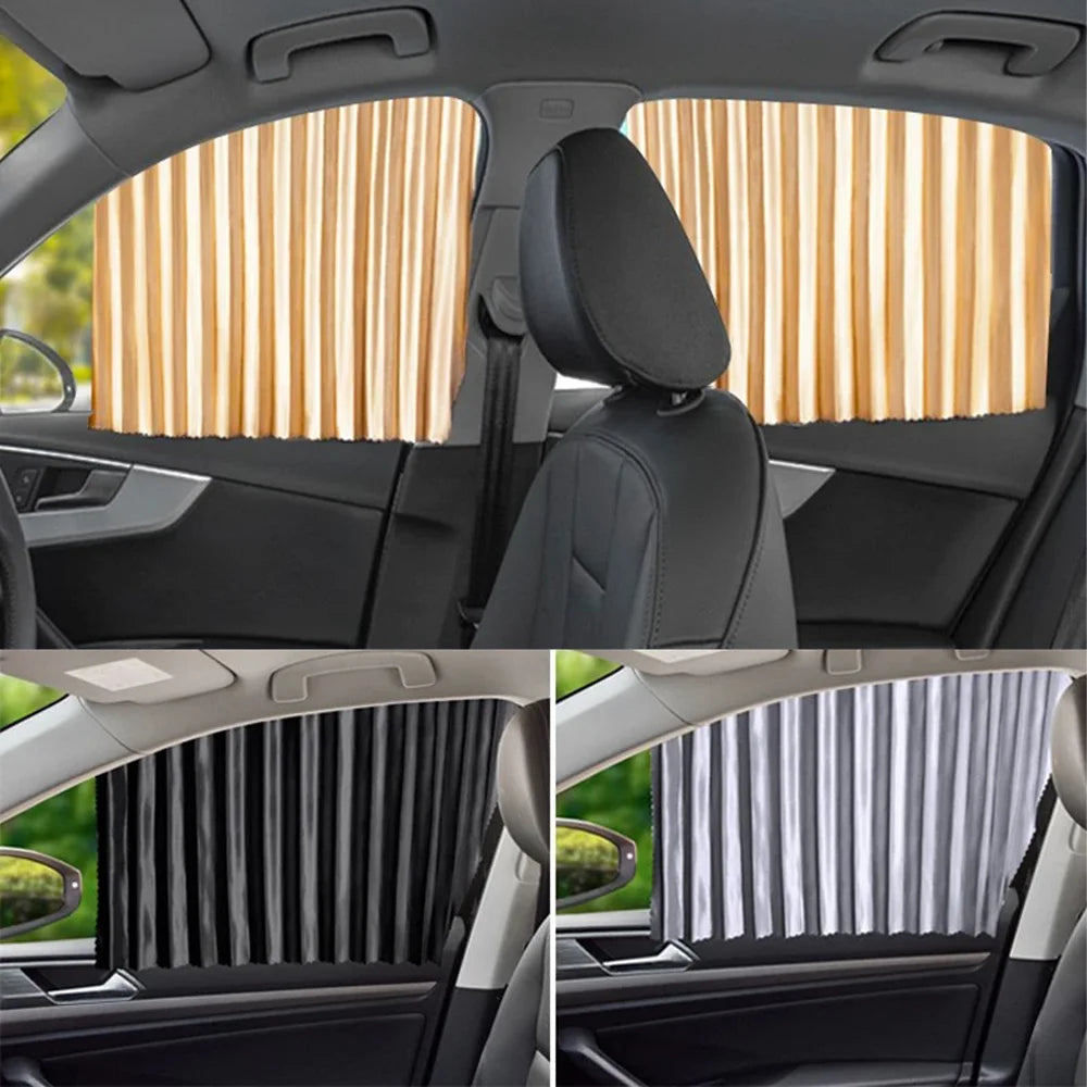Interior view of a car showing magnetic sun shades in beige and gray colors.
