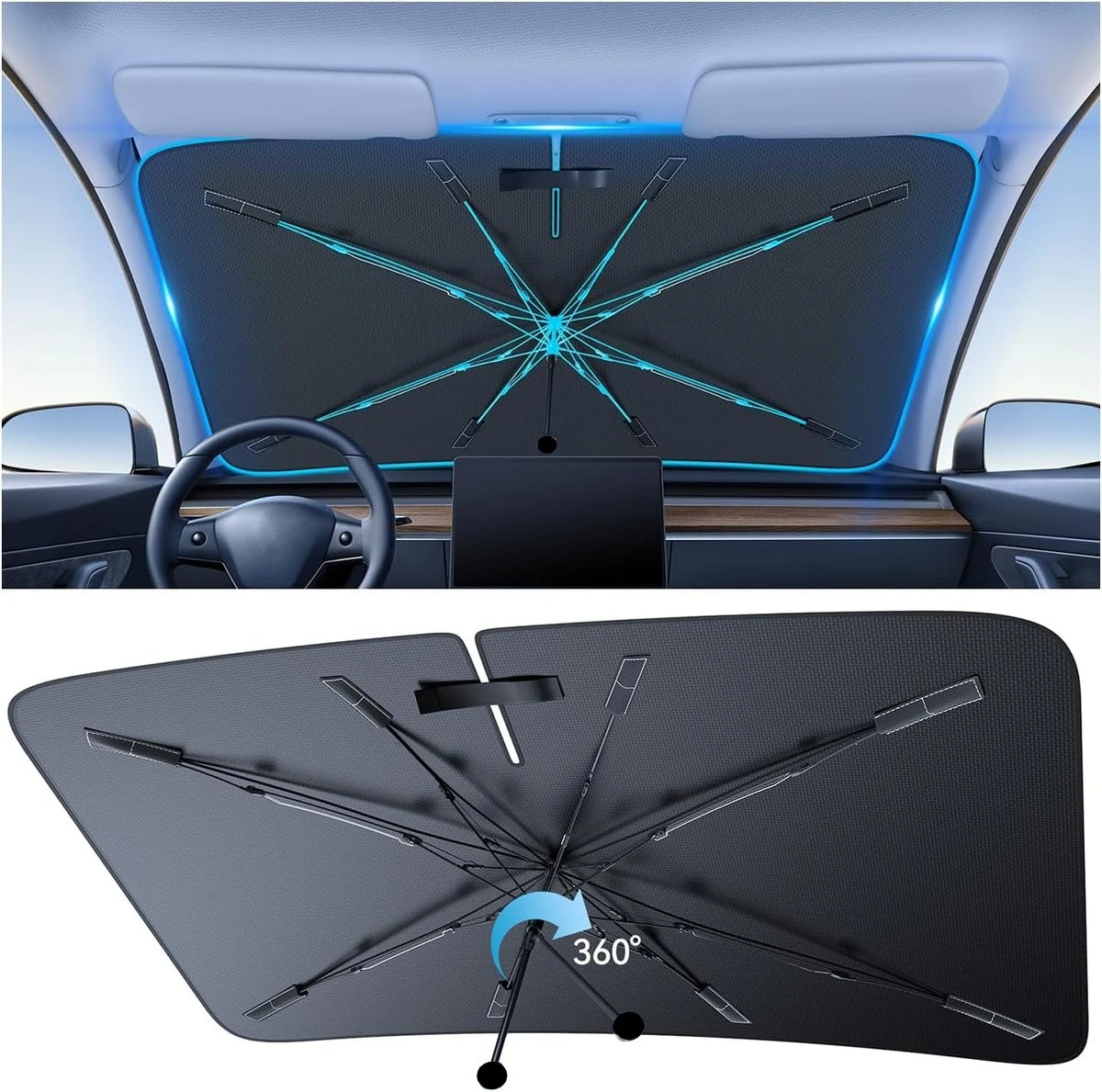 A foldable car windshield sun shade with a bendable handle shown in an installed position and a separate view of the product.