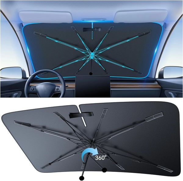 A foldable car windshield sun shade with a bendable handle shown in an installed position and a separate view of the product.