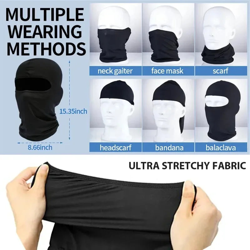 Sammlung verschiedener Tragemethoden für ein schwarzes, superdehnbares Material: Halstuch, Gesichtsmaske, Schal, Stirnband