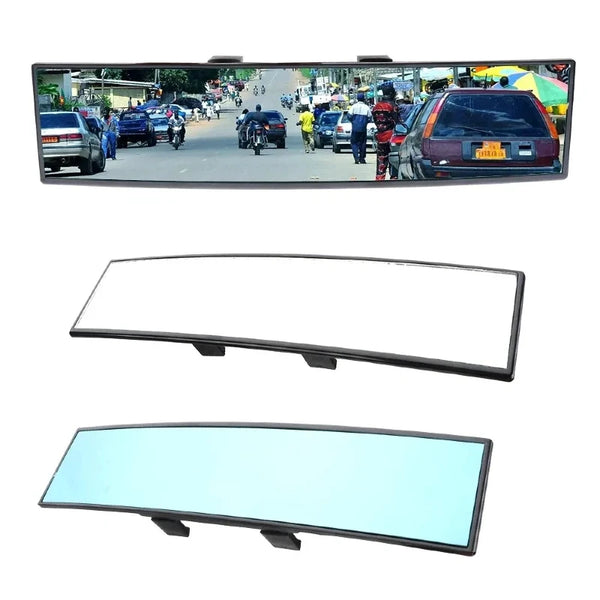 A wide angle panoramic car interior mirror showing a view of traffic and surrounding vehicles.