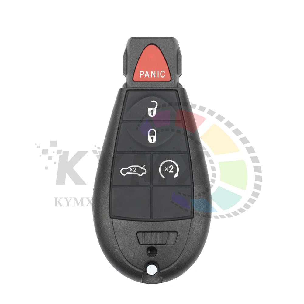 A black smart remote car key fob with a panic button and various key icons for Jeep, Dodge, and Chrysler models.