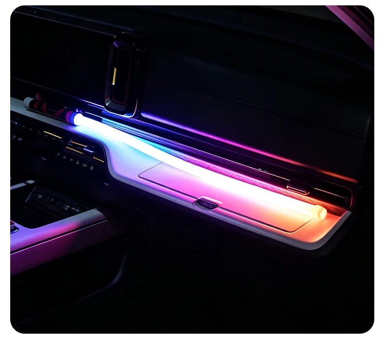 A flexible USB rechargeable LED work light and camping lantern with a bright, illuminated bar.
