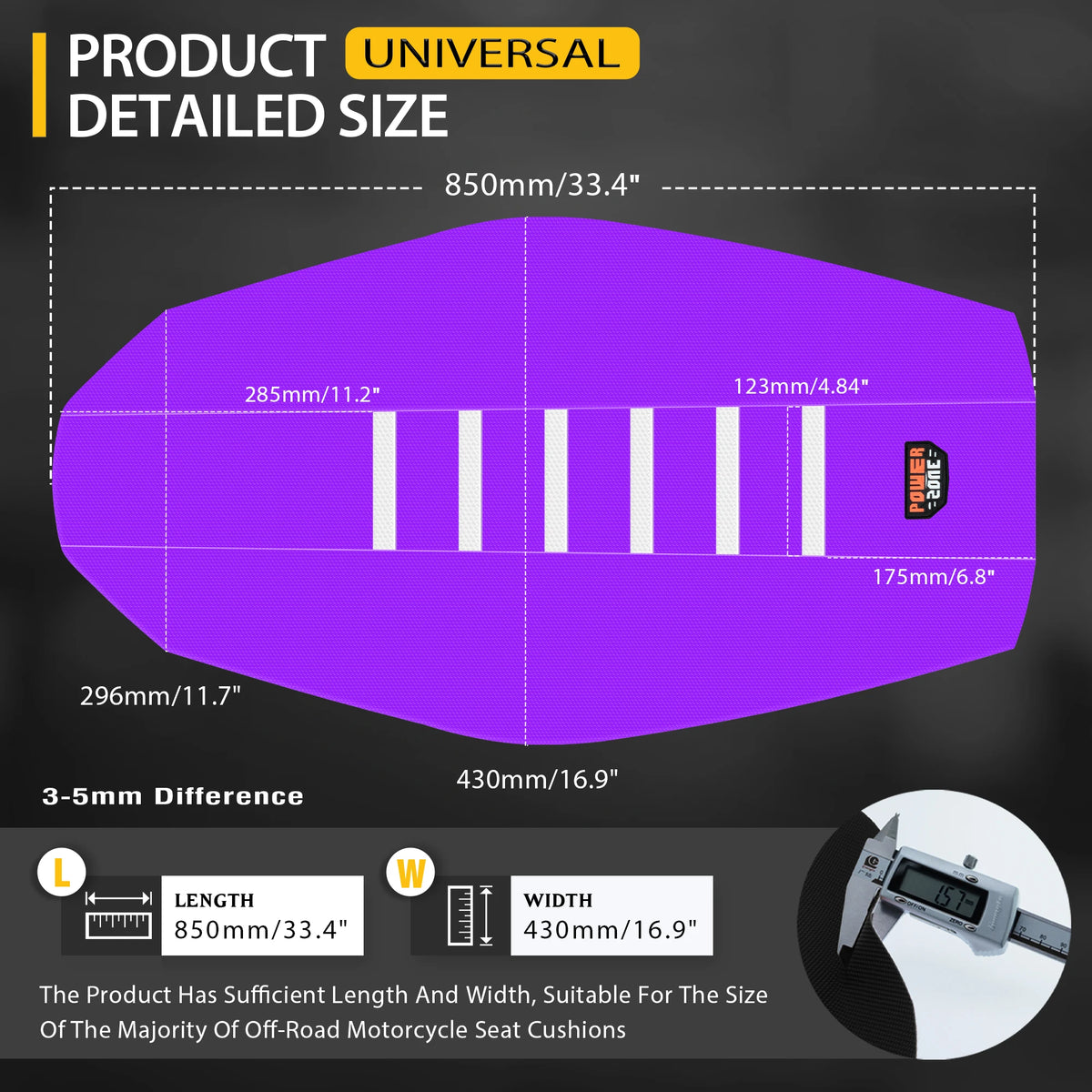 Diagram showing the detailed size of a universal motorcycle seat cover, measuring 850mm long and 430mm wide.