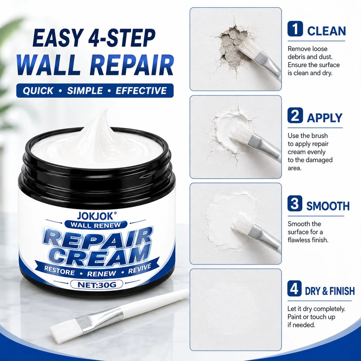 Jar of JokJok Wall Renew Repair Cream with instructions for a 4-step wall repair process