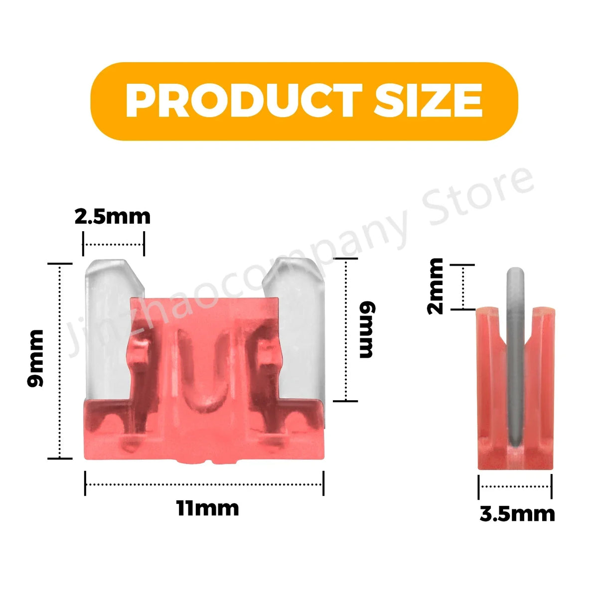 Diagram showing the size of an automotive micro fuse assortment kit, measuring 9mm by 11mm and 2mm thick.