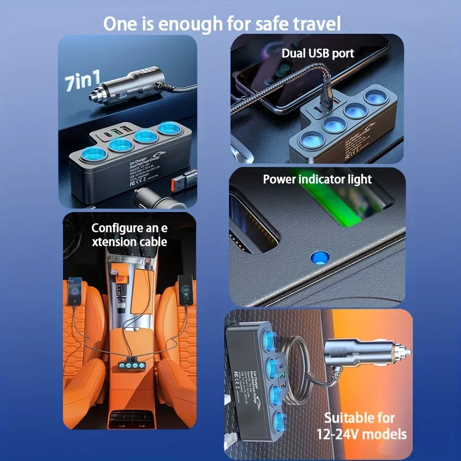 A set of multi-port DC car charger adapters and an extension cable for safe travel.