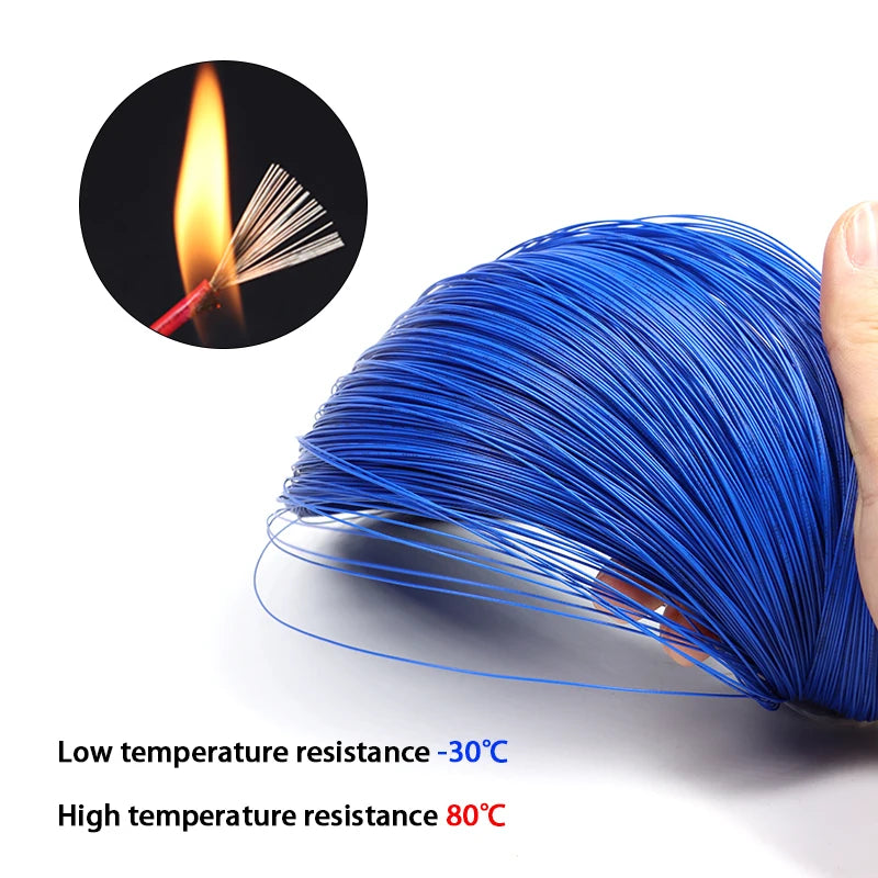 Blue flexible LED wire with a flame icon demonstrating low and high temperature resistance.