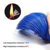 Blue flexible LED wire with a flame icon demonstrating low and high temperature resistance.