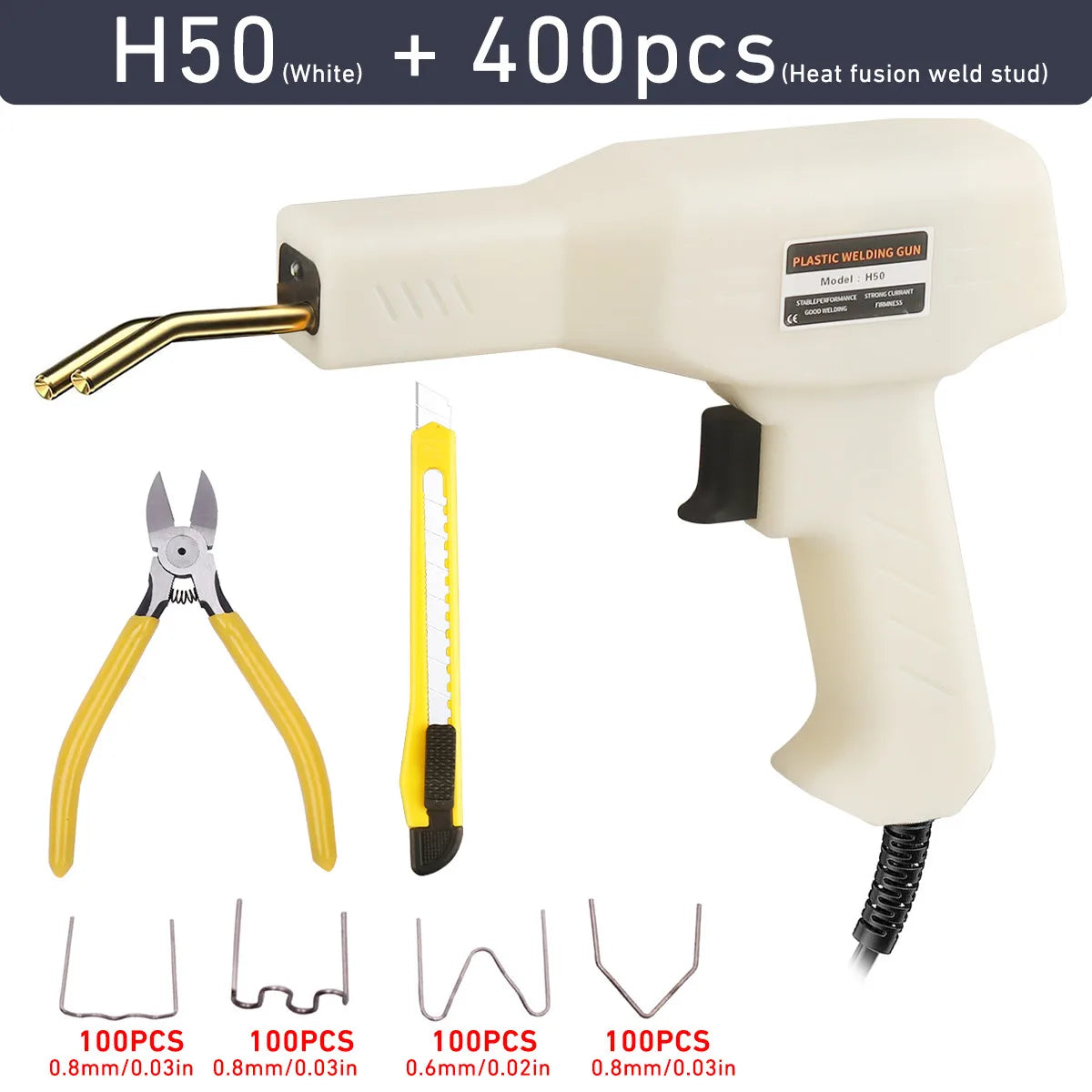 A white plastic welding gun and various metal staples are shown for repair work.