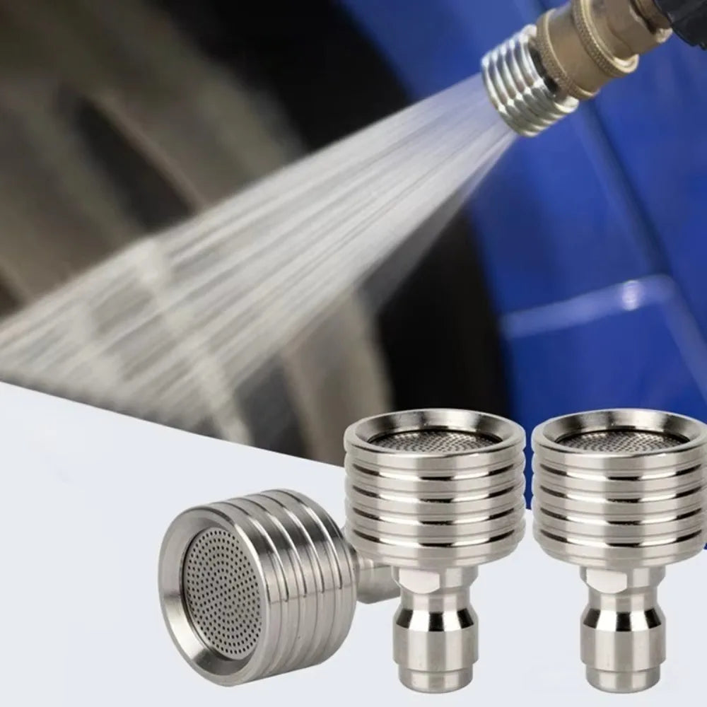 Three stainless steel high-pressure shower head nozzles are shown with a water stream being sprayed.