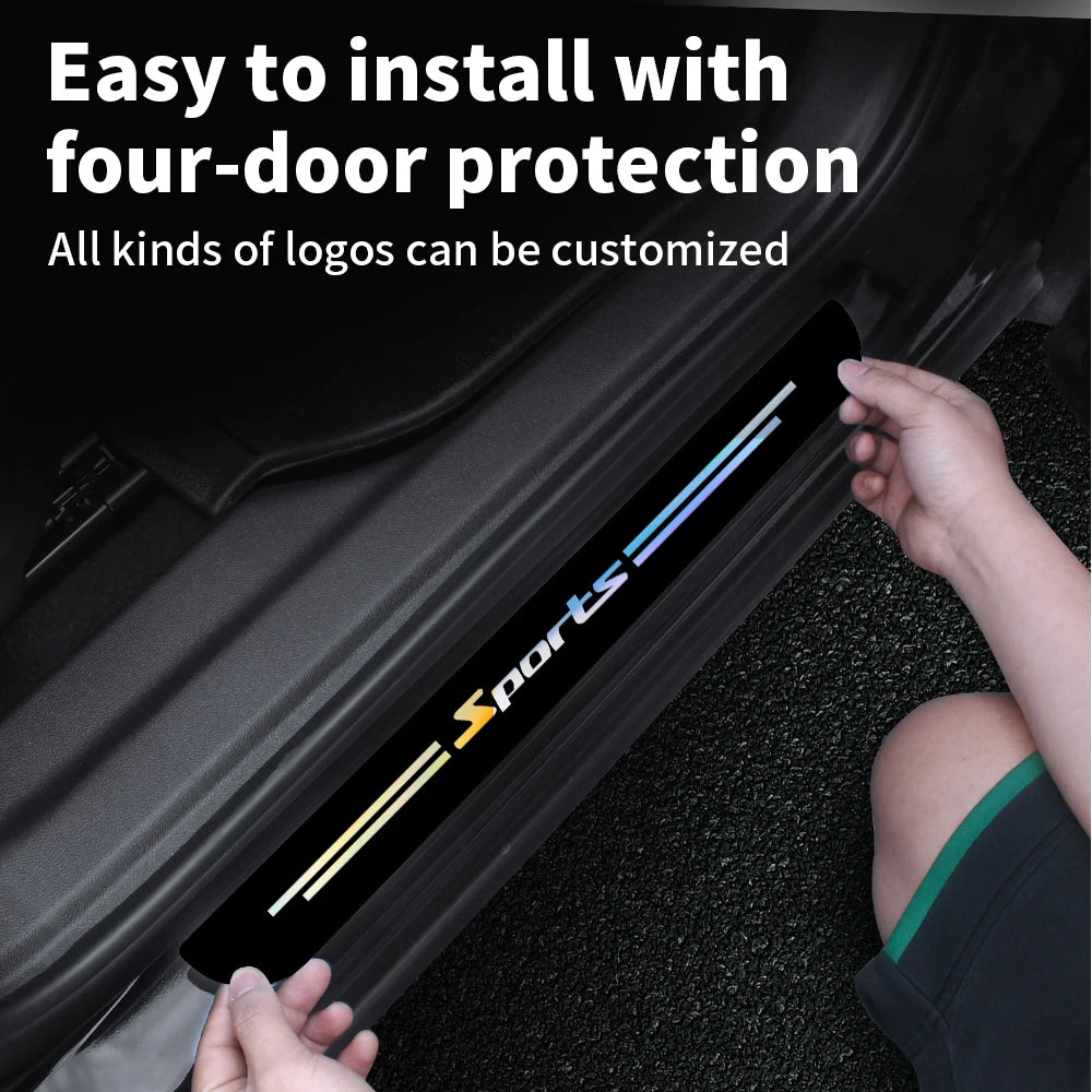 A hand is installing a sports-themed vinyl decal on the side of a car door sill.