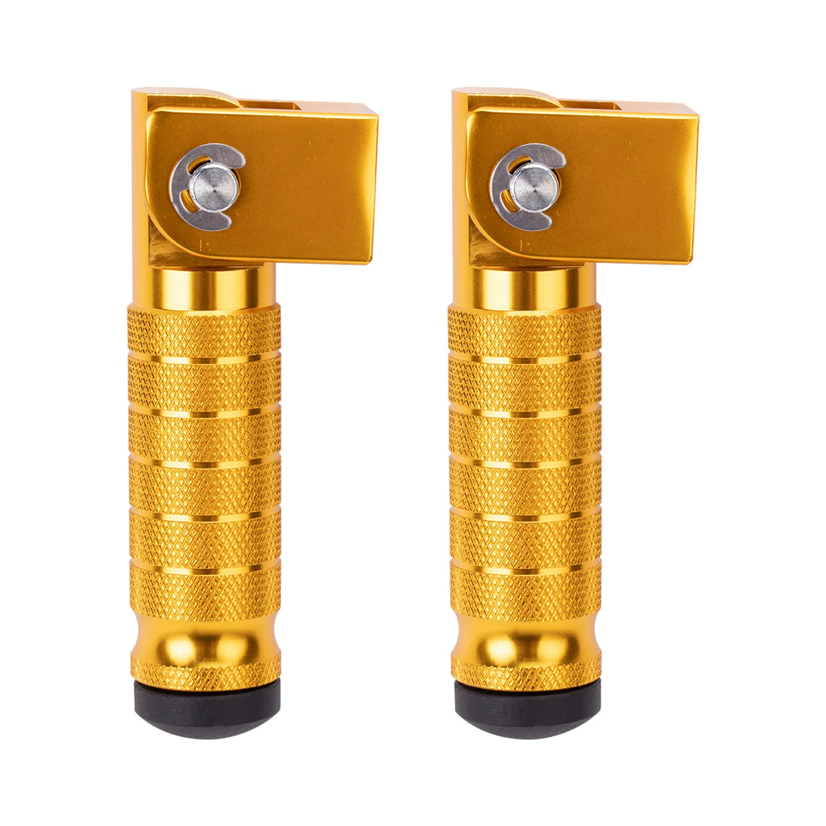 A pair of gold-colored foldable aluminum alloy foot pegs with textured grips and silver locking mechanisms.