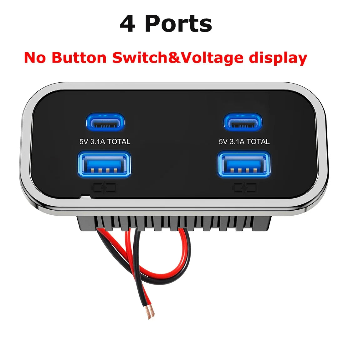 Black electrical panel with four ports for charging, featuring 5V 3.1A output on two ports.