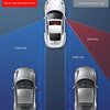 A comparison showing a car's rear view with and without an auxiliary mirror, illustrating blind spots.