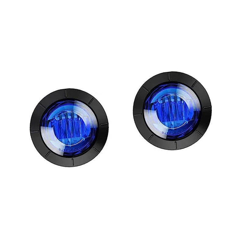 A pair of round blue LED side marker lights for trucks, trailers, and RVs.
