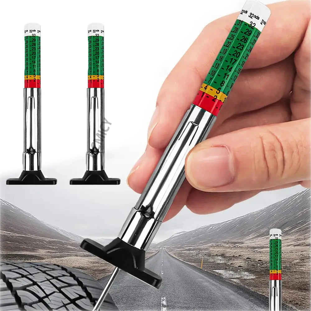 A hand holds a precision tire tread depth gauge, showing the measurement scale against a road surface.