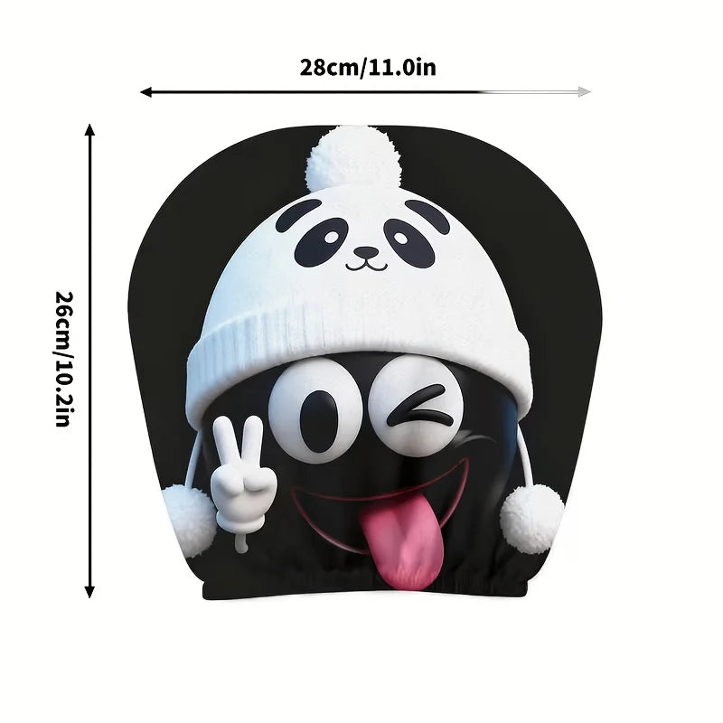 A black panda face headrest cover featuring a white knitted panda hat and playful facial expressions.