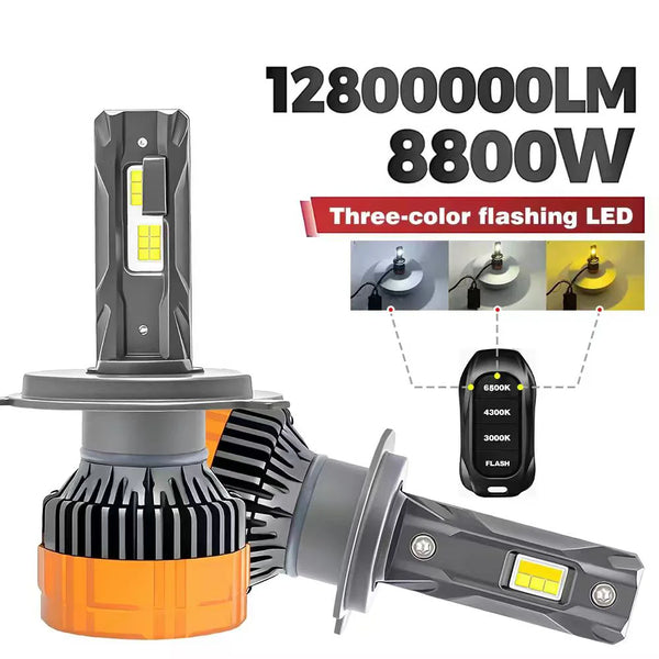 A multi-color flashing LED car headlight assembly with a black housing and orange base.