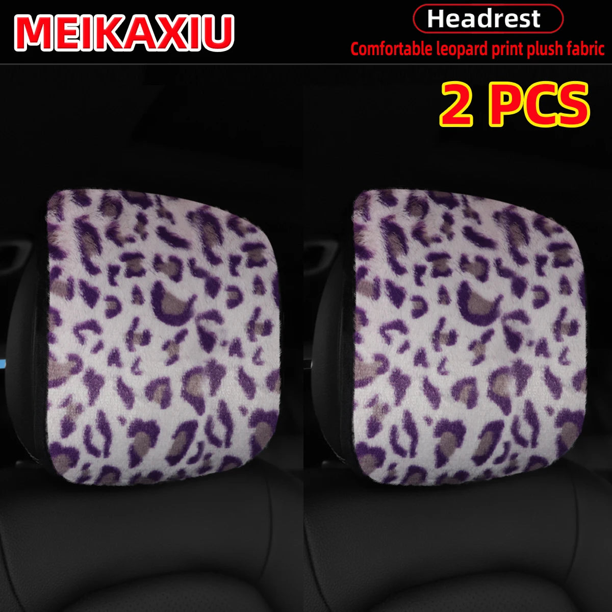 Two leopard print plush fabric car headrest pillow covers for vehicle interior