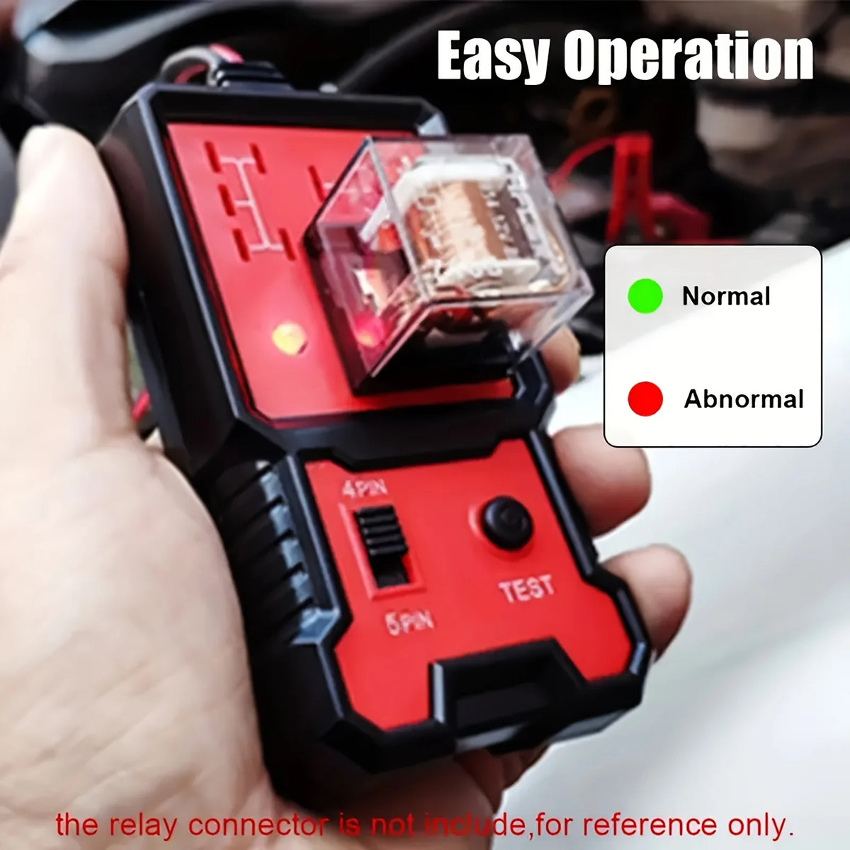 A hand holds a red and black universal automotive relay tester with a test connector visible.