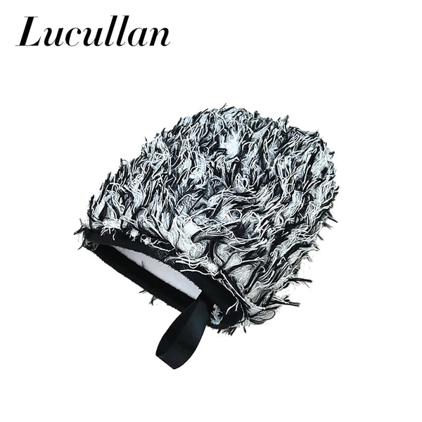 A black detailing wash mitt with a white, fluffy microfiber head is shown.