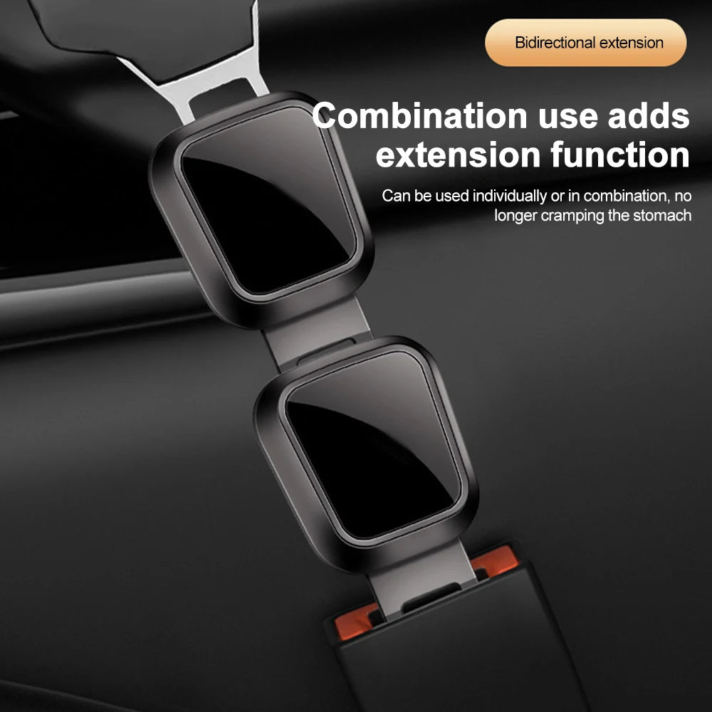 A black car seat belt extender with a bidirectional extension function shown in close-up.
