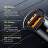 Close-up view of a car charger showing USB 1 and USB 2 output specifications for fast charging.