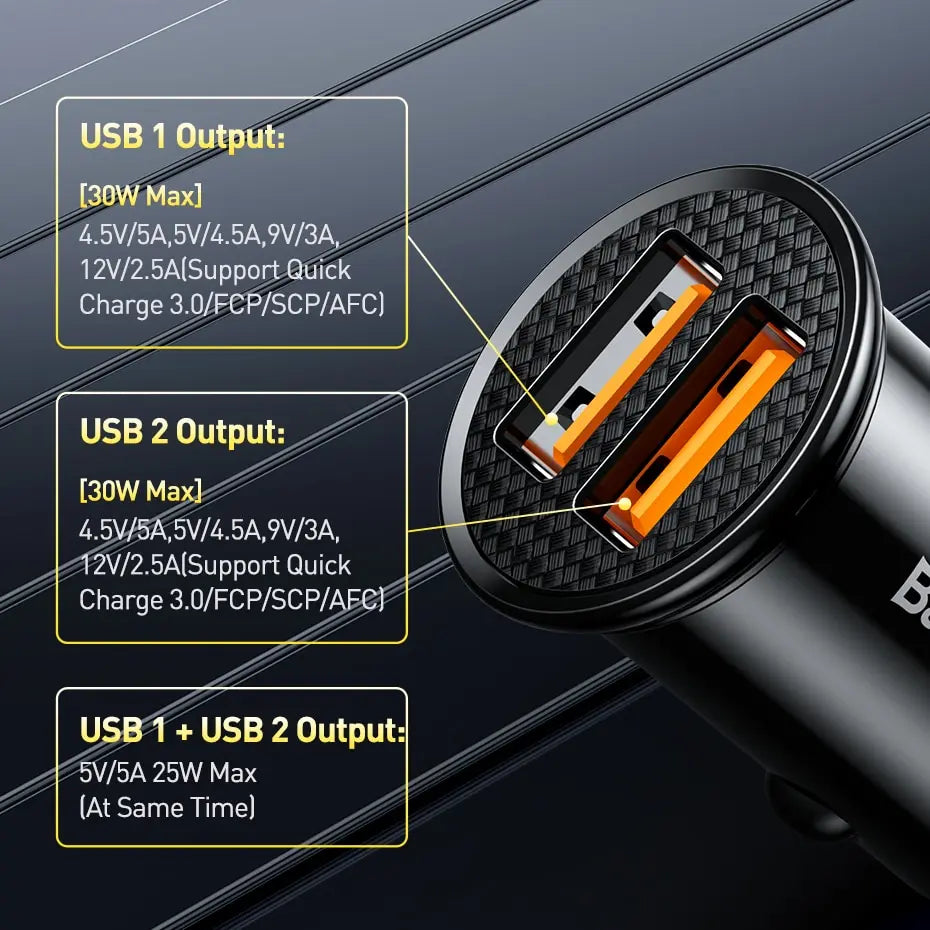 Close-up view of a car charger showing USB 1 and USB 2 output specifications for fast charging.