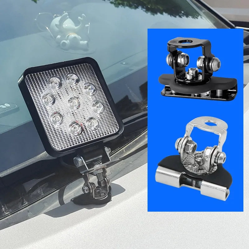 Supports de montage pour barre lumineuse LED sans perçage, montrés en diverses configurations pour installation automobile.
