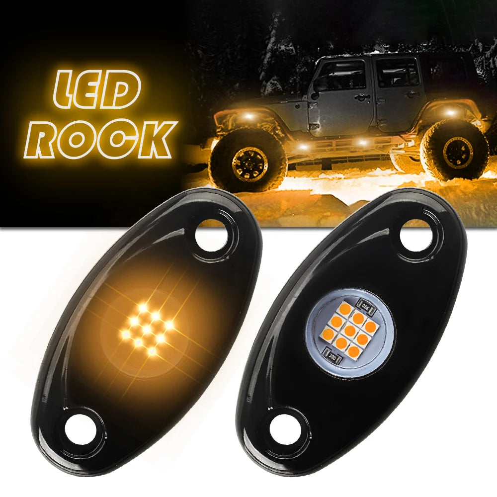 Two LED rock lights are shown next to a vehicle with underbody lighting activated.