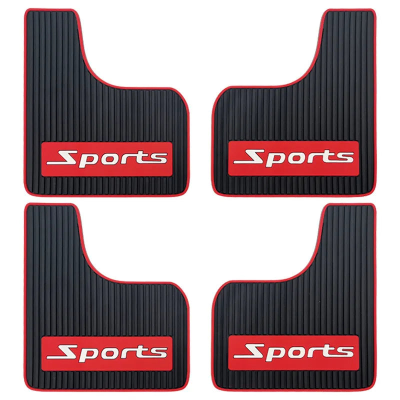 Four black rubber mud flaps for vehicles, shown in different angles.