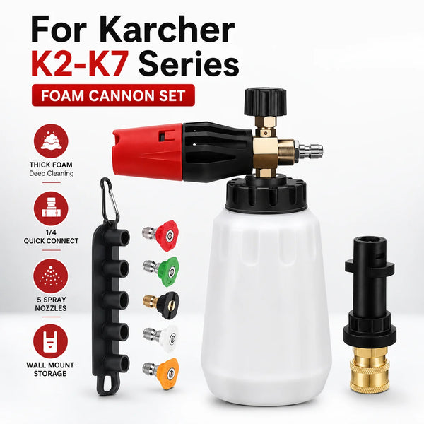 A red and black foam cannon set for K2-K7 series cleaning with various nozzles and storage components.