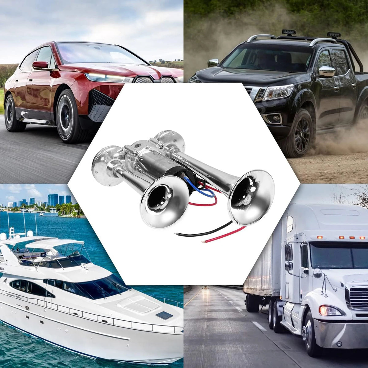 A collage showing a car horn, a black SUV, and a white boat.