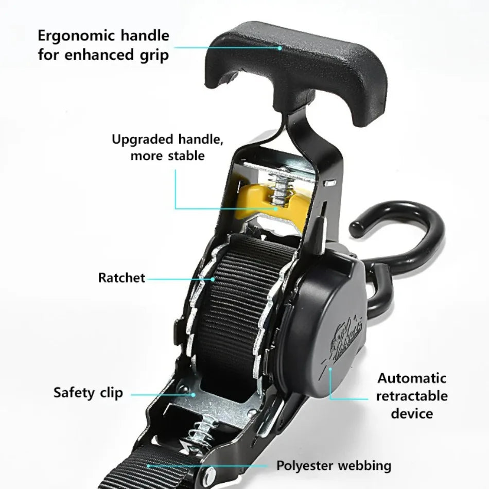 Close-up view of a black heavy duty automatic retractable ratchet strap with an ergonomic handle and safety clip.