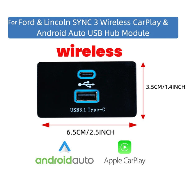 Module USB 3.1 Type-C noir pour Ford & Lincoln SYNC 3, CarPlay et Android Auto sans fil