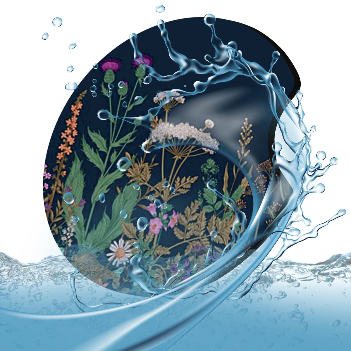 A close-up of colorful floral designs on coasters with water droplets splashing in a blue liquid.