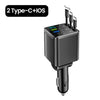 A black high-power car charger with multiple USB ports and a Type-C port for iOS devices.