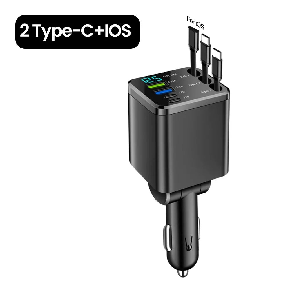 A black high-power car charger with multiple USB ports and a Type-C port for iOS devices.