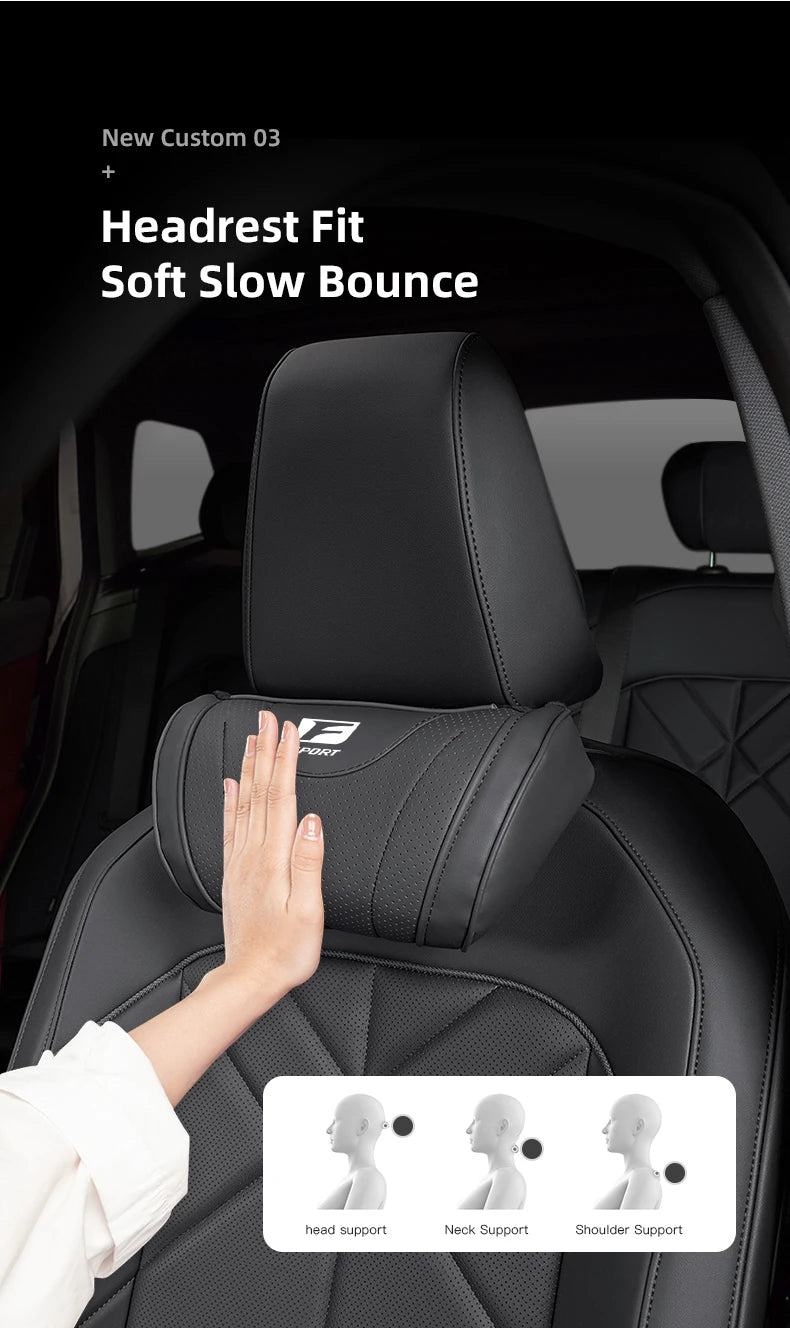 A hand is demonstrating the Headrest Fit Soft Slow Bounce neck pillow in a car seat context.