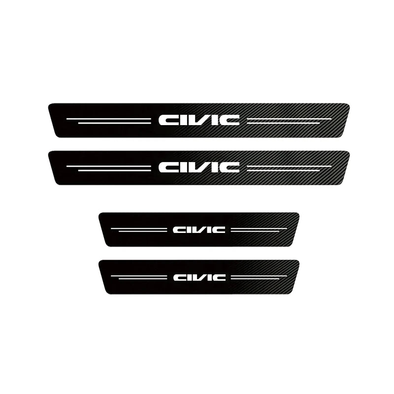 Three black carbon fiber door sill protectors with the word CIVIC printed on them.