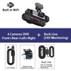 Schwarze 4-Kanal-DVR-Dashcam mit WLAN-Modul und Zubehör für Front-, Heck-, linke und rechte Kameras.