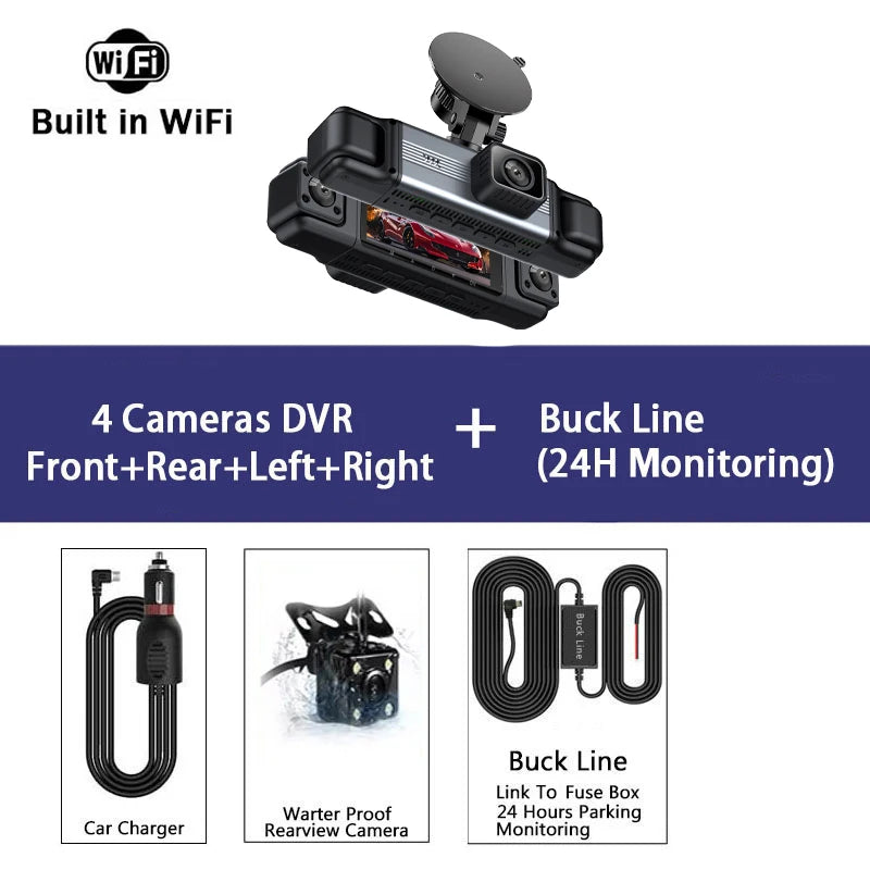 Schwarze 4-Kanal-DVR-Dashcam mit WLAN-Modul und Zubehör für Front-, Heck-, linke und rechte Kameras.