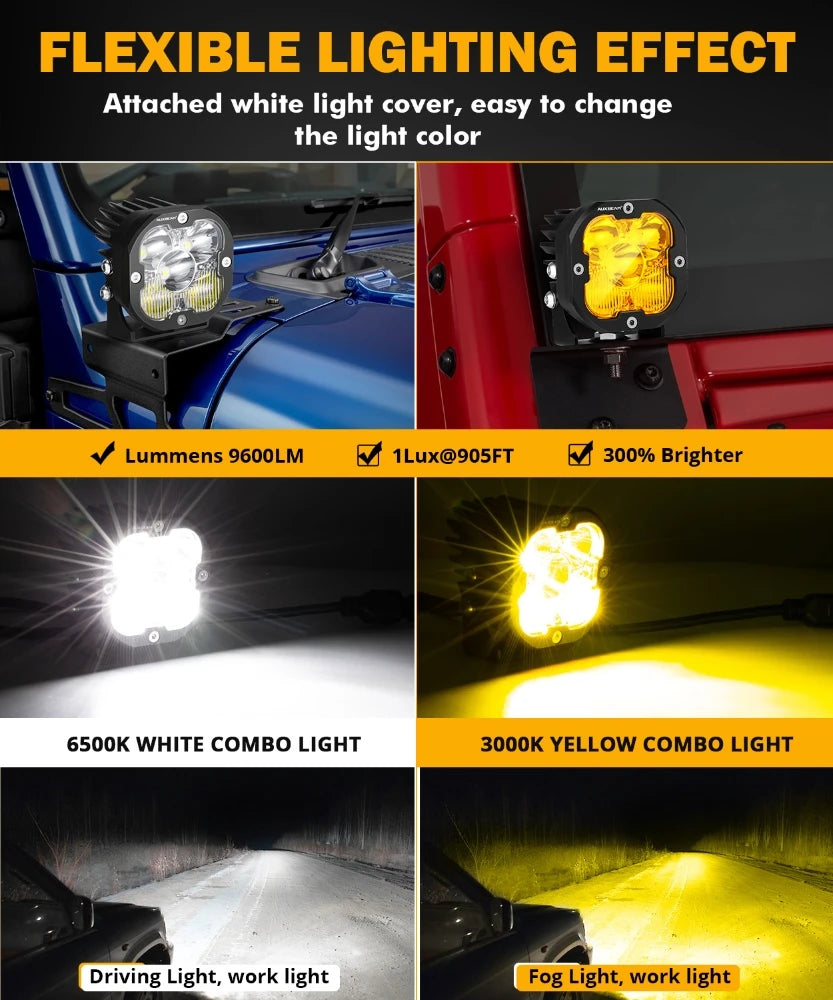 Flexible lighting effect showing white and yellow LED driving lights mounted on a vehicle.